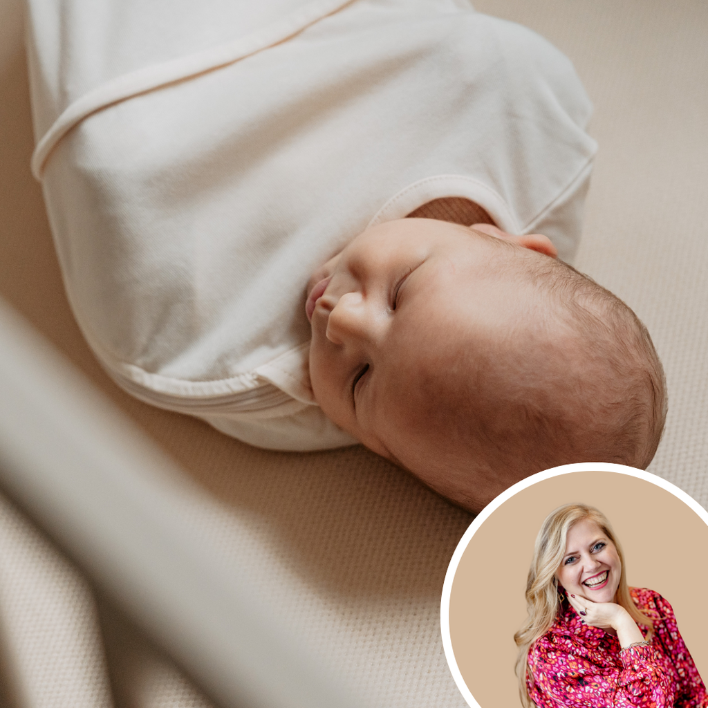 A sleeping baby wrapped in a swaddling bag lying on an AeroSleep fitted sheet, with an inset of sleep expert Nathalie Schittekatte.
