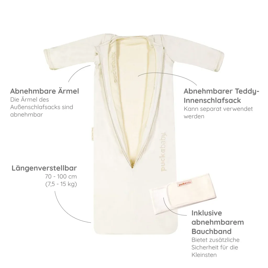 Abnehmbare Ärmel, abnehmbarer Teddy-Innenschlafsack, Längenverstellbar (70-100cm), inklusive abnehmbarem Bauchband