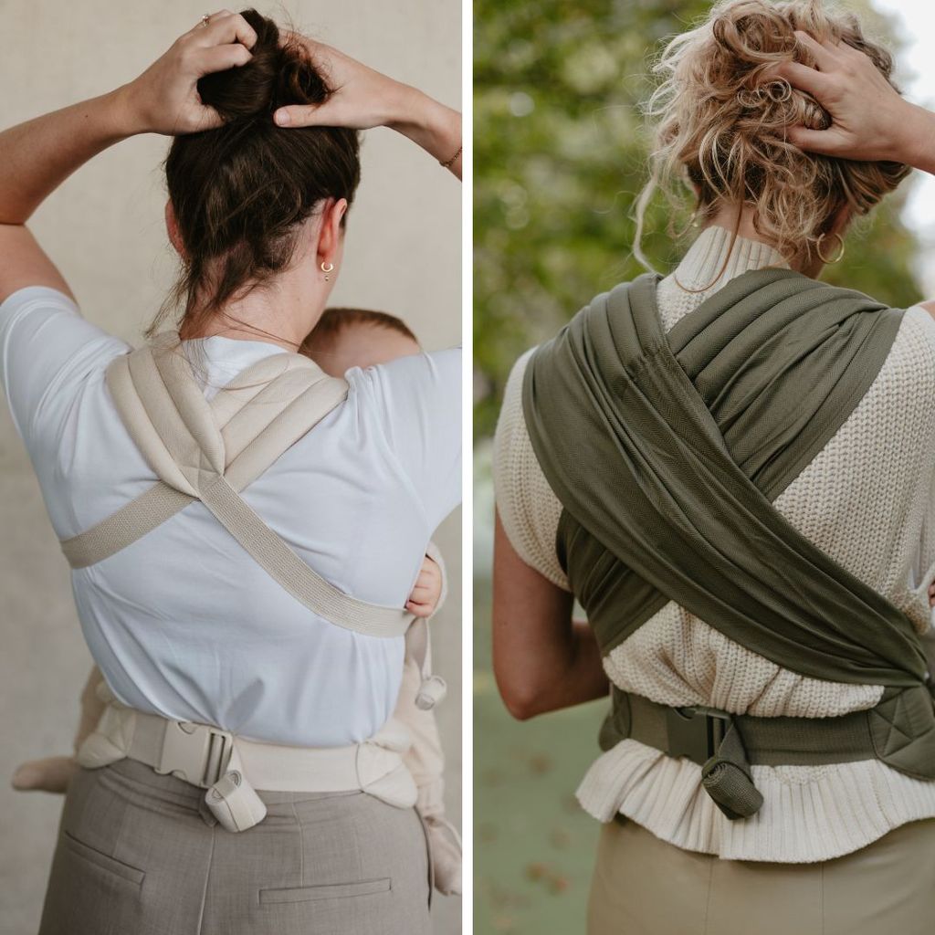 Two images of women wearing baby carriers. Left: beige wrap. Right: olive green wrap. Both women have their hair up, with hands adjusting.