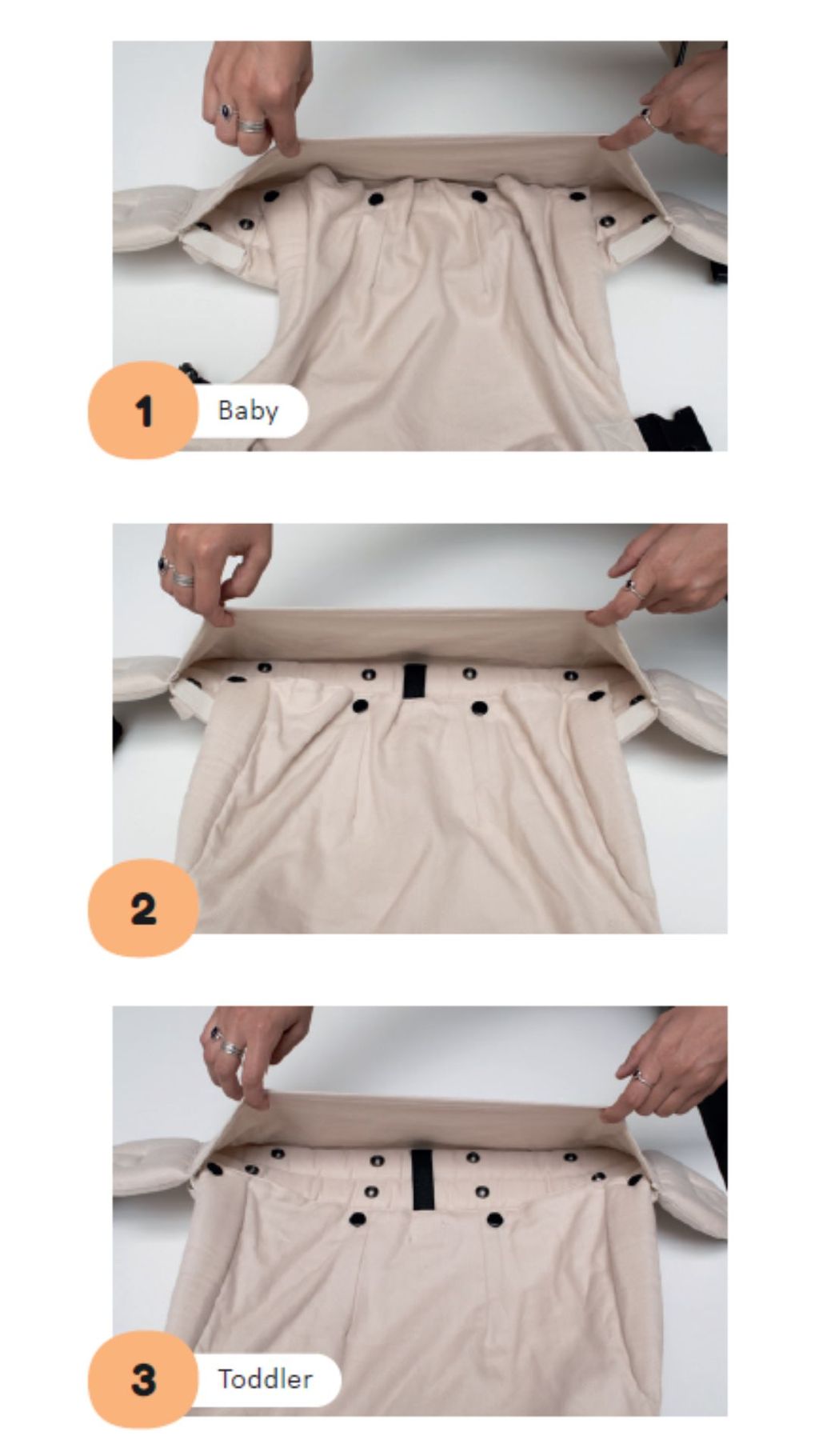 Three images showing adjustable fabric with buttons for baby and toddler sizes. Labeled as 1. Baby, 2. Middle size, 3. Toddler.