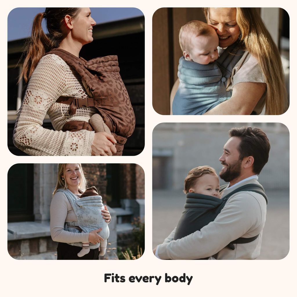 Collage of adults carrying babies in various soft carriers, smiling outdoors, captioned "Fits every body."