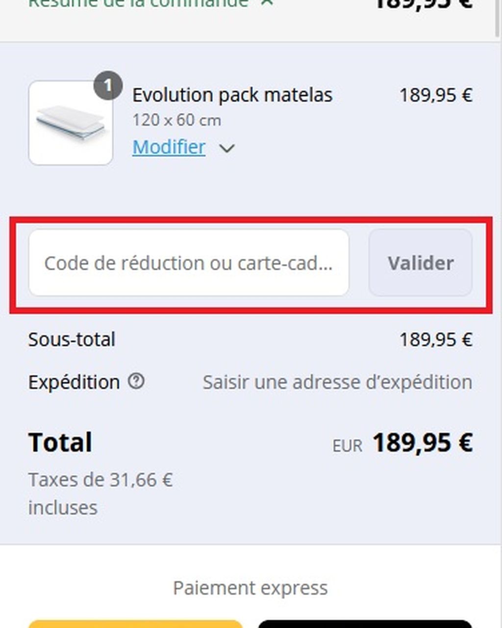Dans le récapitulatif de la commande, vous pouvez appliquer un code de réduction.