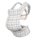 Plaid baby carrier with blue, beige, and white checkered pattern and adjustable straps against a white background.