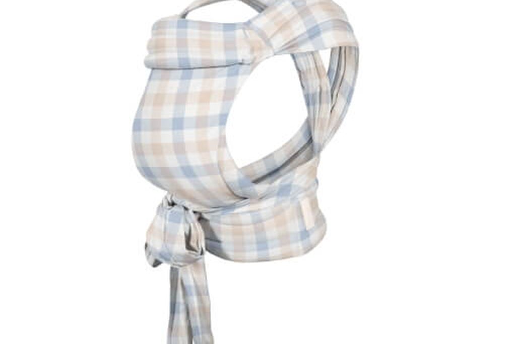 Soft plaid baby carrier with light blue and beige checks, featuring padded straps and a front tie.