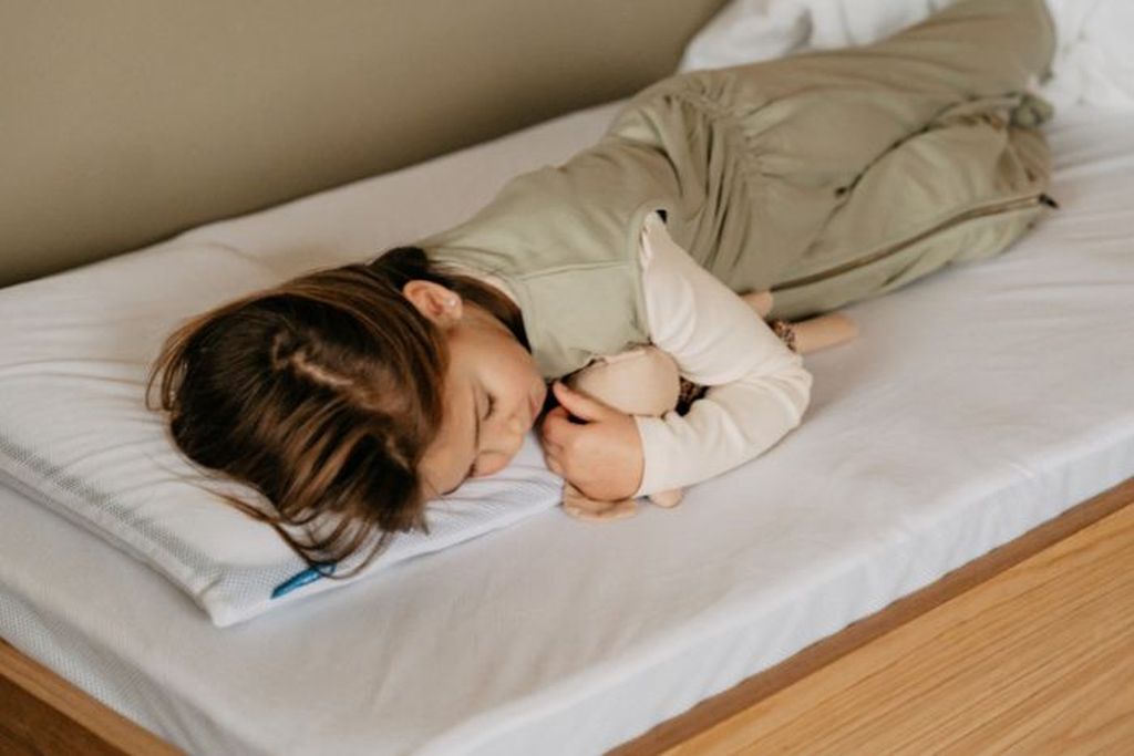Peuter die in een bed ligt te slapen met een knuffel