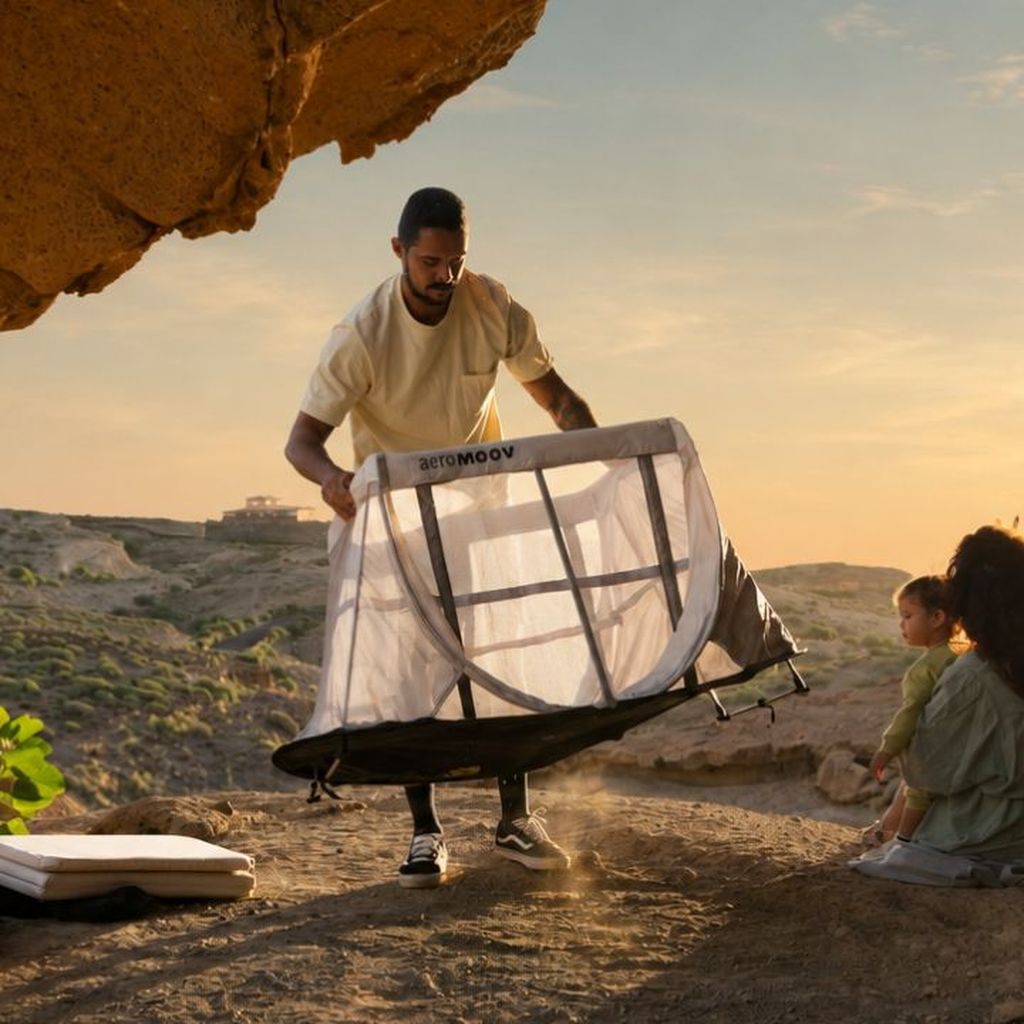 A man sets up a portable playpen on a rocky landscape at sunset, with a woman and a small child seated and watching nearby.