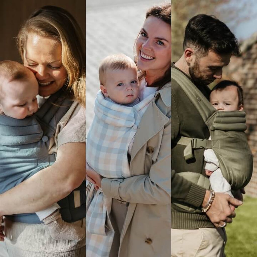 Three parents holding babies in different baby carriers; the first and third in soft colors, and the second in a plaid pattern.