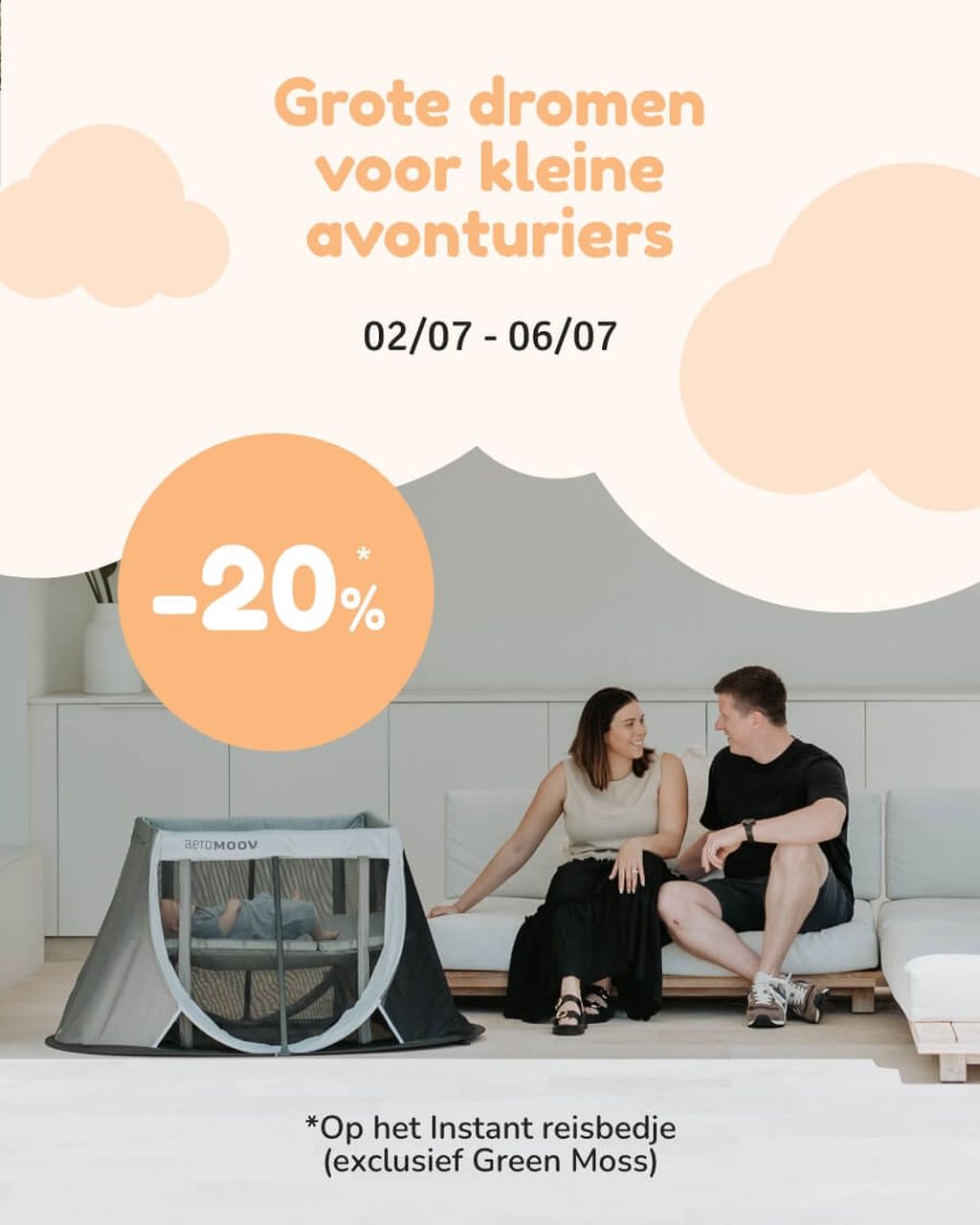 02.07 – 06.07 20% op het instant reisbedje exclusief geen moss