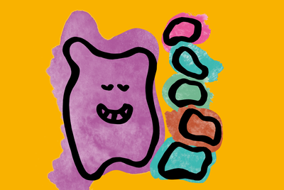 Een illustratie van paarse vorm met een lachend gezichtje. Daarnaast kleine gekleurde vormen.