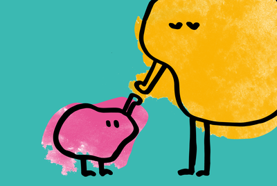 Een illustratie van een groot geel poppetje en klein roze poppetje die hun handen naar elkaar uitreiken.