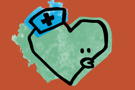 Een illustratie van groen hartje met gezichtje en zusterskapje.