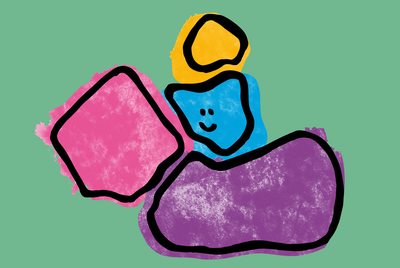 Een illustratie van vier gekleurde vormen waarvan één met een gezichtje.