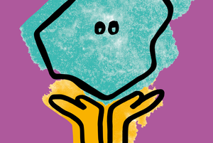 Een illustratie van een blauwe vorm met oogjes en daaronder twee gele handen.