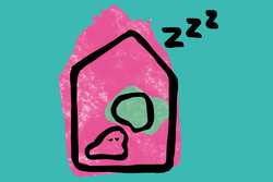 Een illustratie van een roze huisje met daarin een poppetje die slaapt.