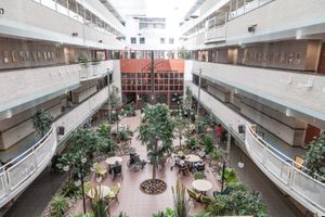 Gemeenschappelijke ruimte, waar de galerijen van de verdiepingen op uitkijken. Gezellig ingericht met tafels, stoelen, veel planten en veel lichtinval.