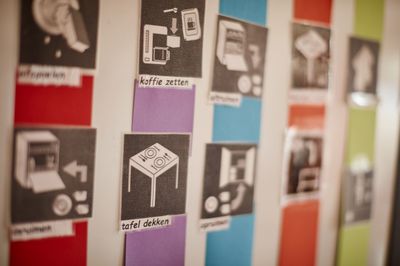 Een muur met pictogrammen waarop verschillende activiteiten staan ​​afgebeeld.