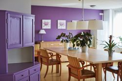 Lichte woonkamer met grote ramen en paarse wand, paarse kast en een grote licht houten tafel met zes comfortabele stoelen en planten op tafel