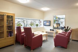 Een gazemenlijke woonkamer met vier rode stoelen, een houten tafel en een televisie aan de muur. Verder nog een houten vitrinekast en een aantal kamerplanten. De ruimte is lekker licht en sober.