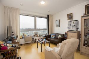 Appartement met grote ramen, een lichtroze leunstoel met gehaakt wit kleedje, een donkerbruine leren bank en kleine donkerhouten salontafel. Tegen de muur staat een vogelkooi.