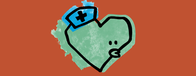 Een illustratie van groen hartje met gezichtje en zusterskapje.