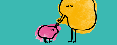 Een illustratie van een groot geel poppetje en klein roze poppetje die hun handen naar elkaar uittreiken.