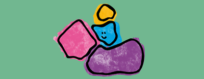 Een illustratie van vier gekleurde vormen waarvan één met een gezichtje.