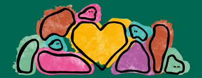 Een illustratie van allemaal gekleurde vormen, waaronder vier met gezichtjes en één hart.