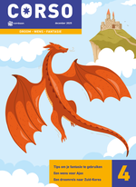 Een illustratie van een vliegende draak en op de achtergrond een kasteel. Bovenin staat groot de tekst Corso.