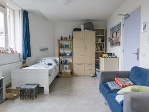 Slaapzitkamer met wit houten bed, blauw met grijze zitbank en licht houten kasten