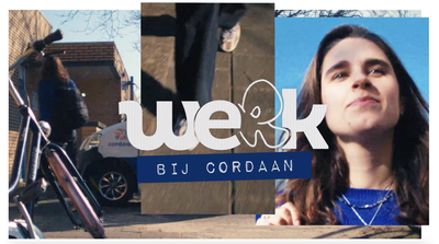 Een fotocollage van medewerkers die naar werk lopen met daarvoor in het wit de tekst ' Werk bij Cordaan'