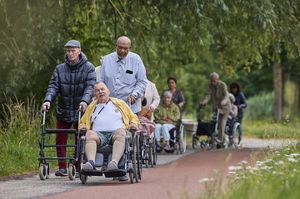 Een groepje mensen wandelt buiten in het park met rollator of in de rolstoel