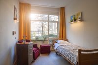 Een zonnige kamer met een eenpersoonsbed, een rode fauteuil, een houten kast en felgele gordijnen. Door een raam is er uitzicht op de bomen buiten.