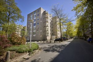 Stedelijke woonwijk met een zes verdiepingen tellend appartementencomplex, bomen langs de stoep en geparkeerde auto's.