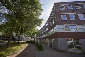 Een gebogen bakstenen gebouw met veel ramen, grenzend aan een pad met bomen onder een helderblauwe hemel.