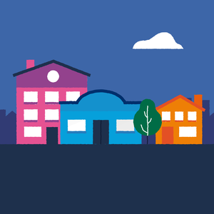 Drie gebouwen staan naast en voor elkaar: een roze gebouw van vier etages, een breed blauw gebouw met 1 etage en een oranje eengezinswoning.