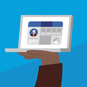 Een hand die een laptop vasthoudt met daarop een profielpagina