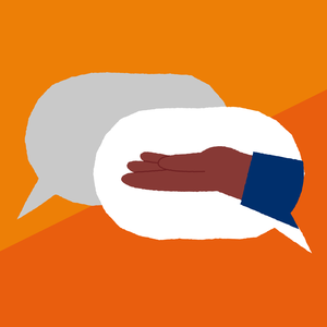 In een oranje vlak staan twee tekstballonnen. In een van de ballonnen staat een helpende hand.