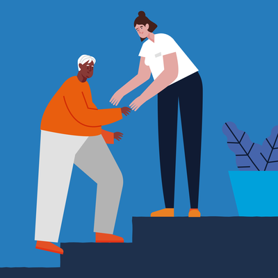 Een medewerker van Cordaan helpt een oudere meneer de trap op.