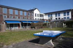 Gebouw van 3 verdiepingen Op de voorgrond staat een pingpongtafel in de tuin. Daarachter is een grasveldje en een terras.