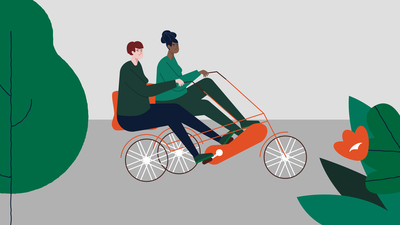 Twee dames zitten samen op een oranje duo-fiets omringt door bomen en bloemen.