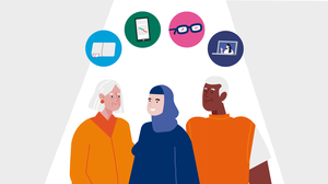 Illustratie van drie personen met daarboven cirkels met daarin voorbeelden van digitale oplossingen, zoals een druppelbril en een medicijndispenser.