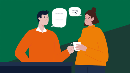 Twee figuren staan in te praten. De een geeft een kopje koffie aan de ander. Ze hebben een open blik