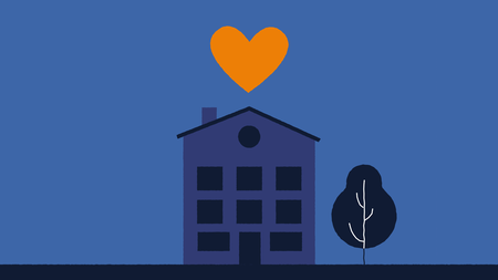 Een afbeelding van een huisje met een groot hart erboven en een mooie boom ernaast.,