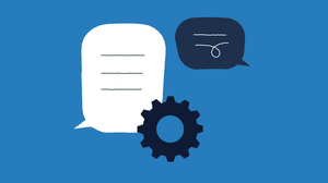 Twee tekstballonnen en een icoontje van instellingen staan in een blauw vlak