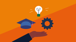 Illustratie van een hand met daarboven een afstudeerhoedje, een gloeilamp en een tandwielsymbool.