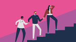 Illustratie van diverse professionals die een trap beklimmen, als symbool voor vooruitgang en teamwork.
