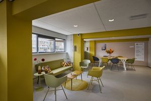 Lichte loungehoek met gele muren, modern meubilair, ronde tafels en een groot raam. Decoratie met bloemen en kleurrijke kussens.