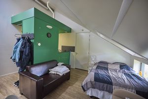 Slaapkamer met een schuin dak, een groene kast en een leren bank.