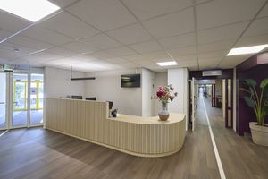 Moderne ontvangsthal met een gebogen houten balie, potplanten, een aan de muur gemonteerde tv en een gang die naar de kantoren leidt. Links zijn glazen deuren zichtbaar.