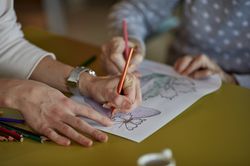 Vier handen houden een kleurplaat vast met paddenstoelen en vlinders. Twee van de handen hebben een oranje en roze kleurpotlood vast en kleuren de kleurplaat in